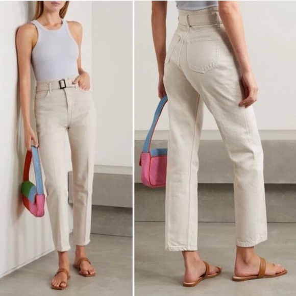 Reformation Cynthia Belted High Rise Straight Jeans Ivory Cream - Picture 1 of 10